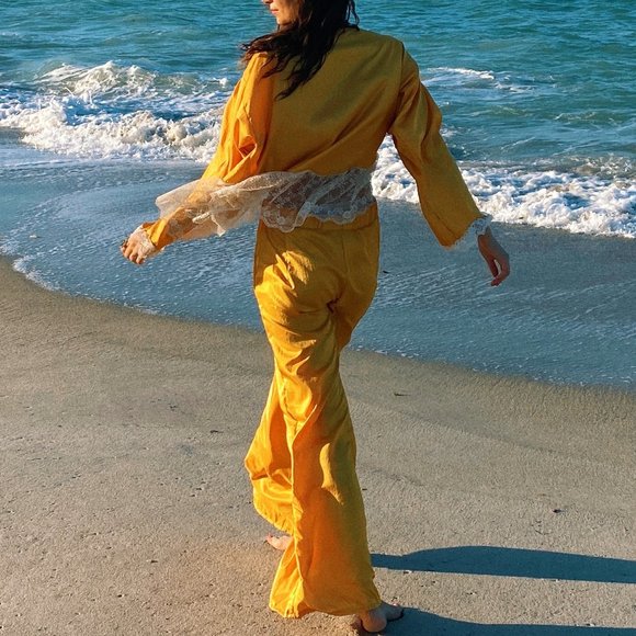 Vintage Mustard Gold High Waist Flare Pants Set